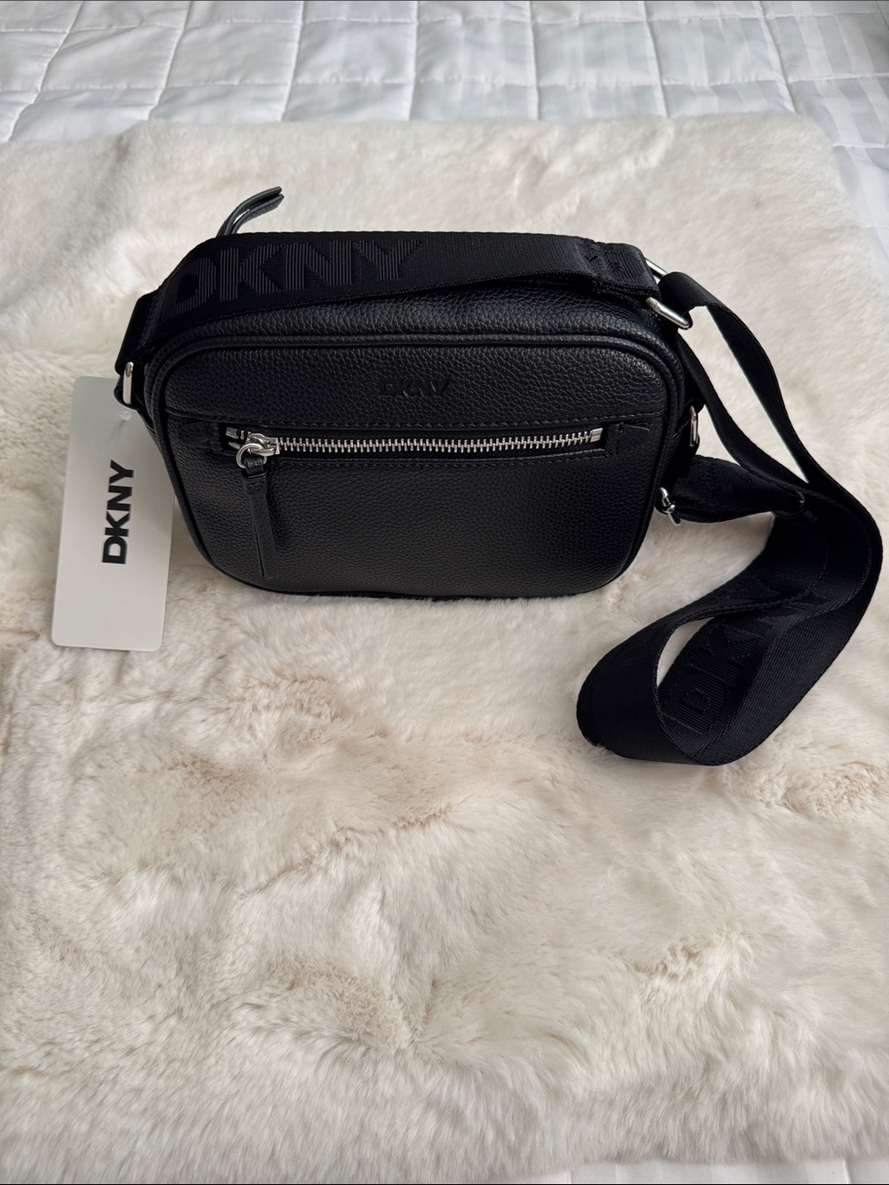 DKNY Black Pebbled Leather Belt Bag with Branded Strap